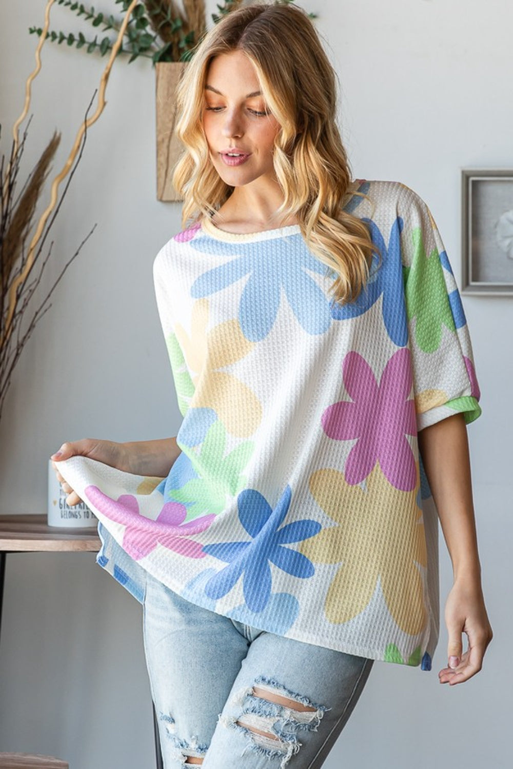 HOPELY Floral Round Neck Waffle T-Shirt - T - 1 COLOR -