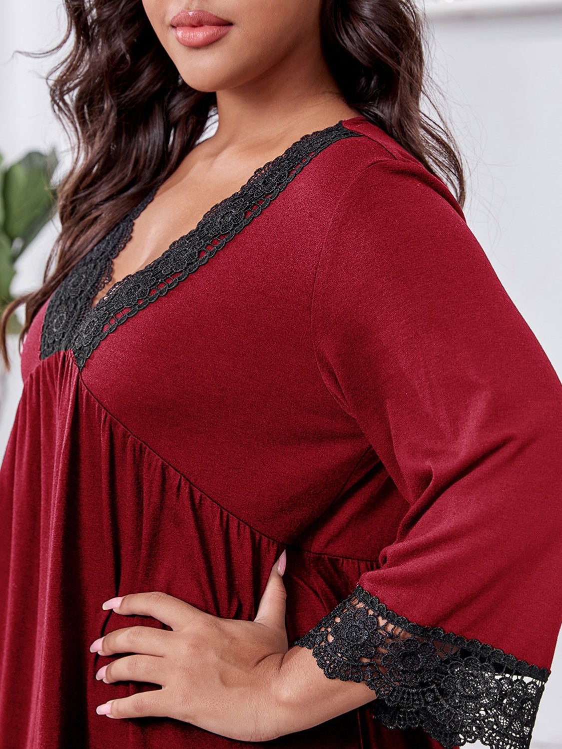 Plus Size Lace Detail V-Neck Lounge Dress - PLUS SIZES ONLY - T - 2 COLORS -