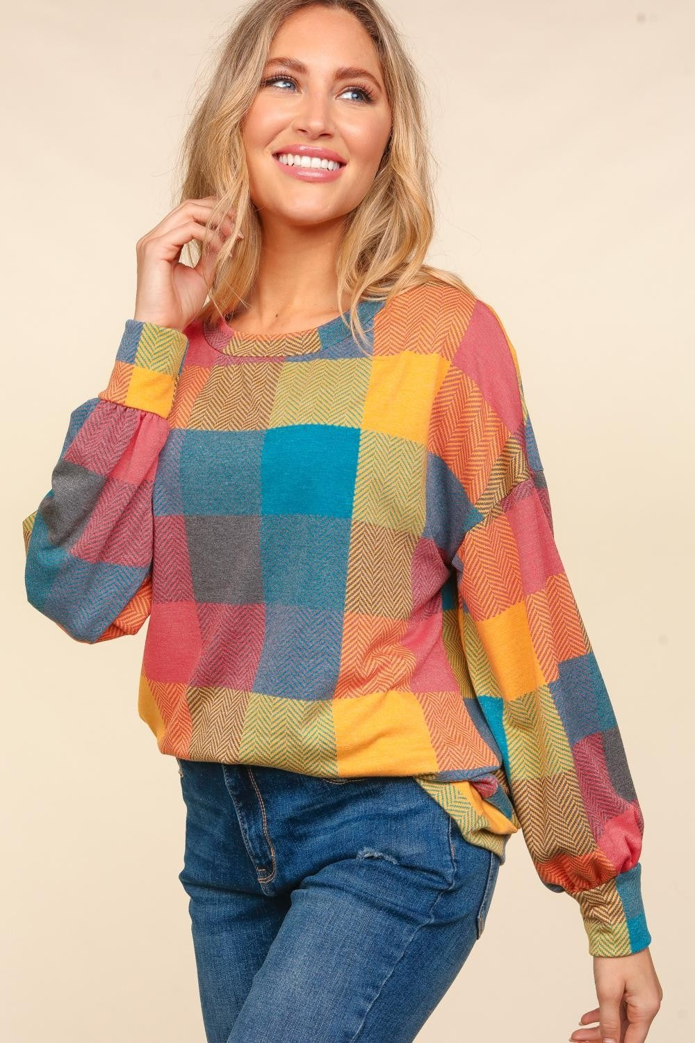 Haptics Round Neck Color Block Plaid Top - 3 SIZES - T - 1 MULTI COLOR -