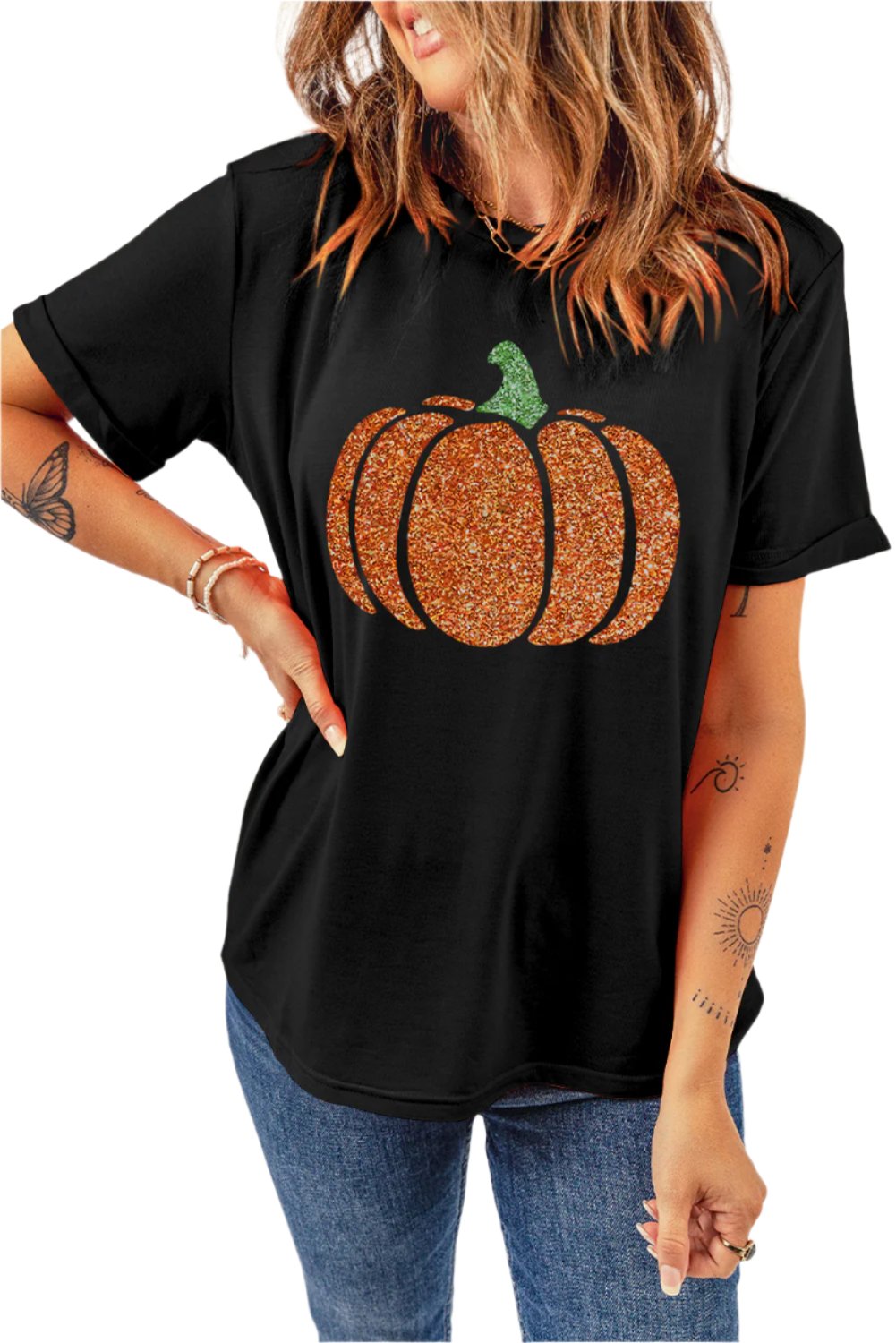 Glitter Pumpkin Round Neck Short Sleeve T-Shirt - T - 1 COLOR -