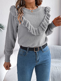 Thumbnail for Ruffled Round Neck Long Sleeve Sweater - T - 1 COLOR -