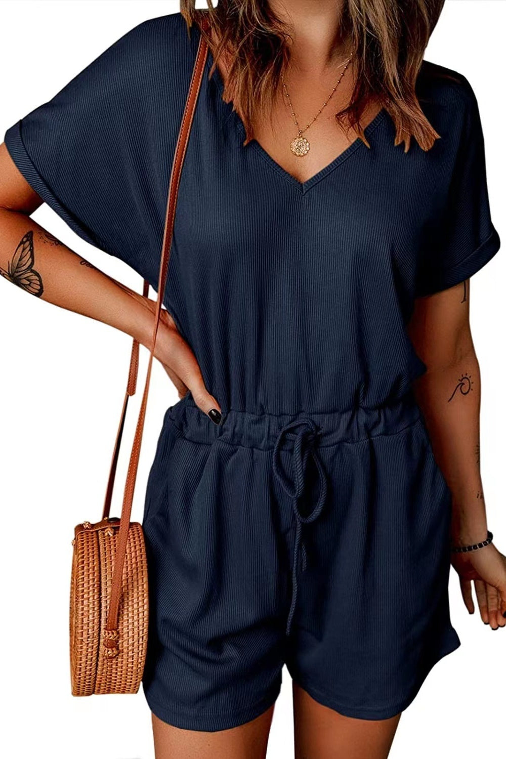 Full Size Drawstring V-Neck Short Sleeve Romper - T - 7 COLORS -