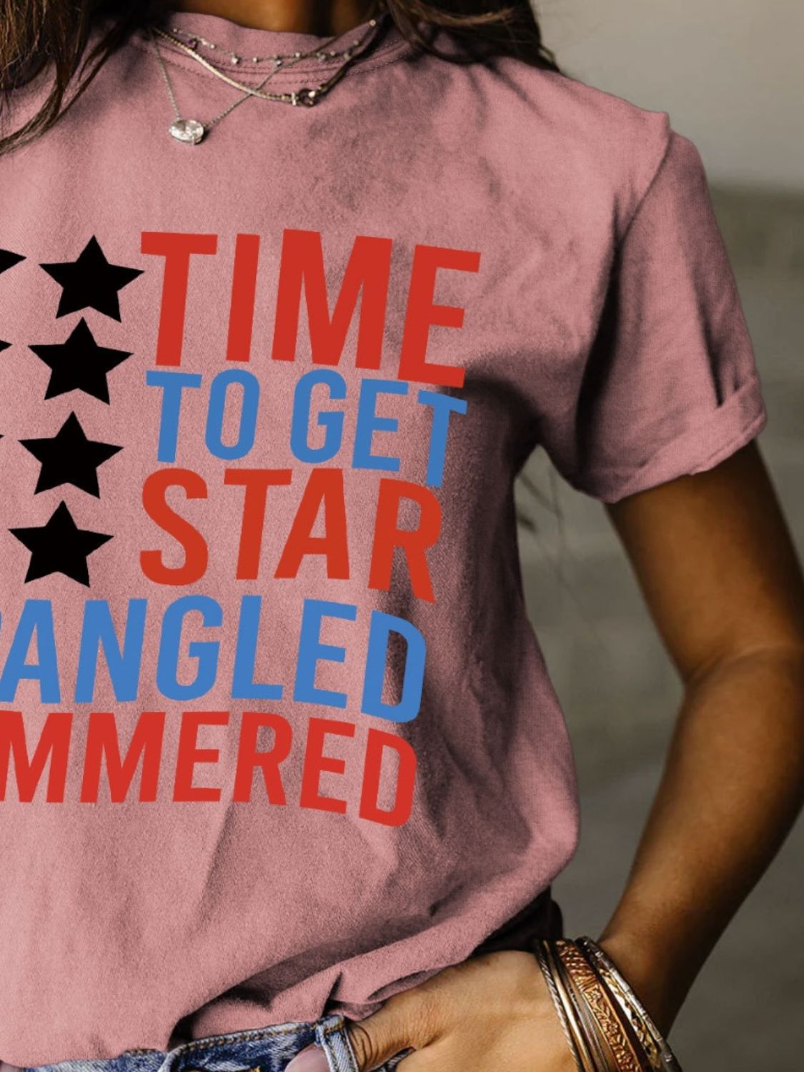 Full Size - 'Time to get Star Spangle Hammered' Letter Graphic Round Neck Short Sleeve T-Shirt - T - 12 COLORS -