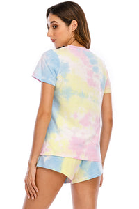 Thumbnail for Tie-Dye Round Neck Short Sleeve Top and Shorts Lounge Set - 2 PCS. - T - 7 COLORS -