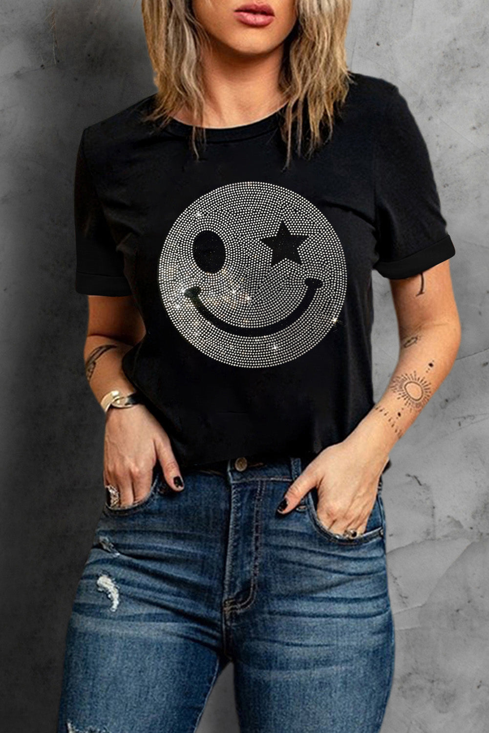 Rhinestone Print Smiley Round Neck Short Sleeve T-Shirt - T - 1 COLOR -