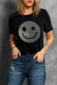 Thumbnail for Rhinestone Print Smiley Round Neck Short Sleeve T-Shirt - T - 1 COLOR -