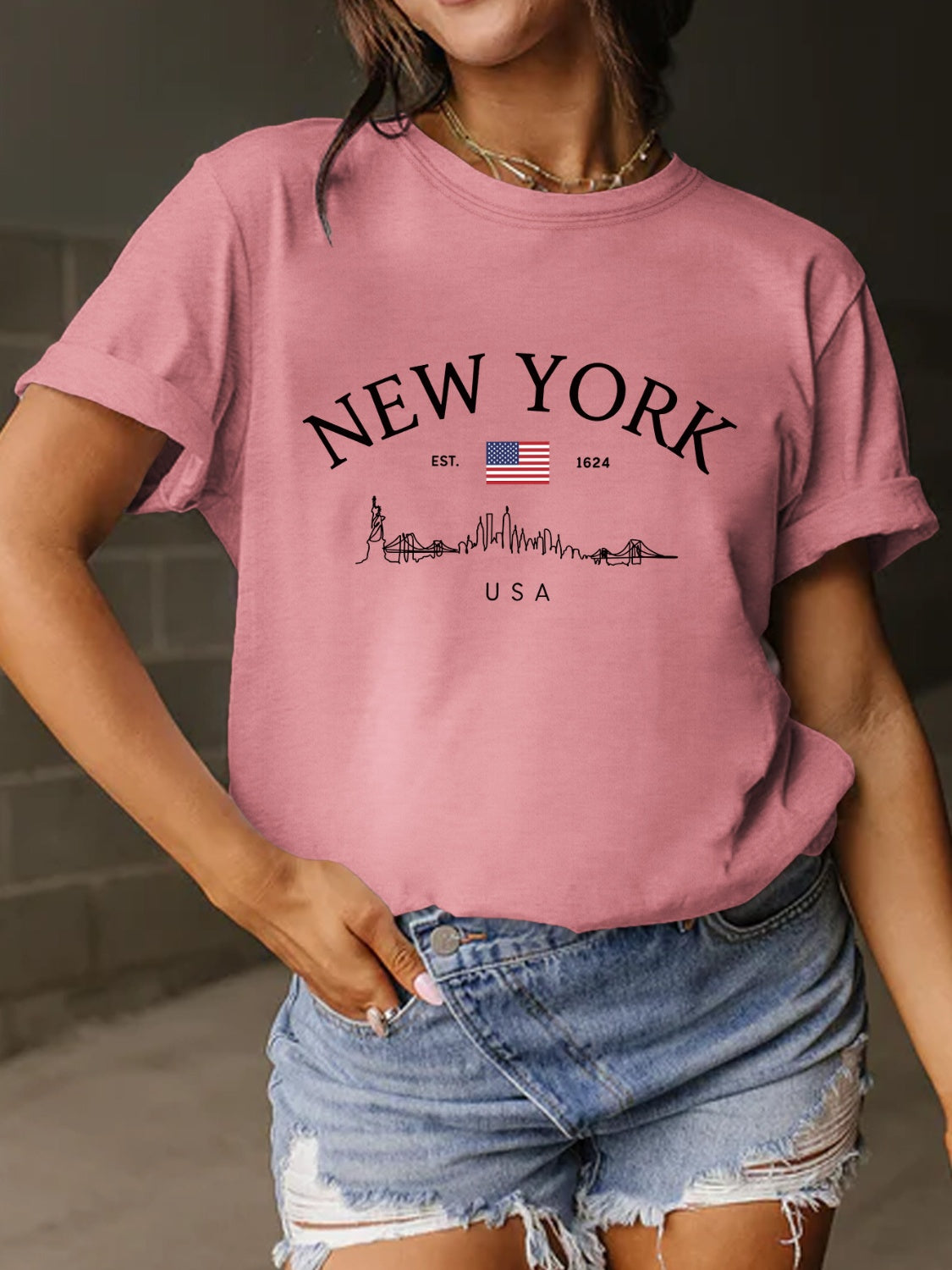 New York Skyline Letter Graphic Round Neck Short Sleeve T-Shirt - 10 COLORS -