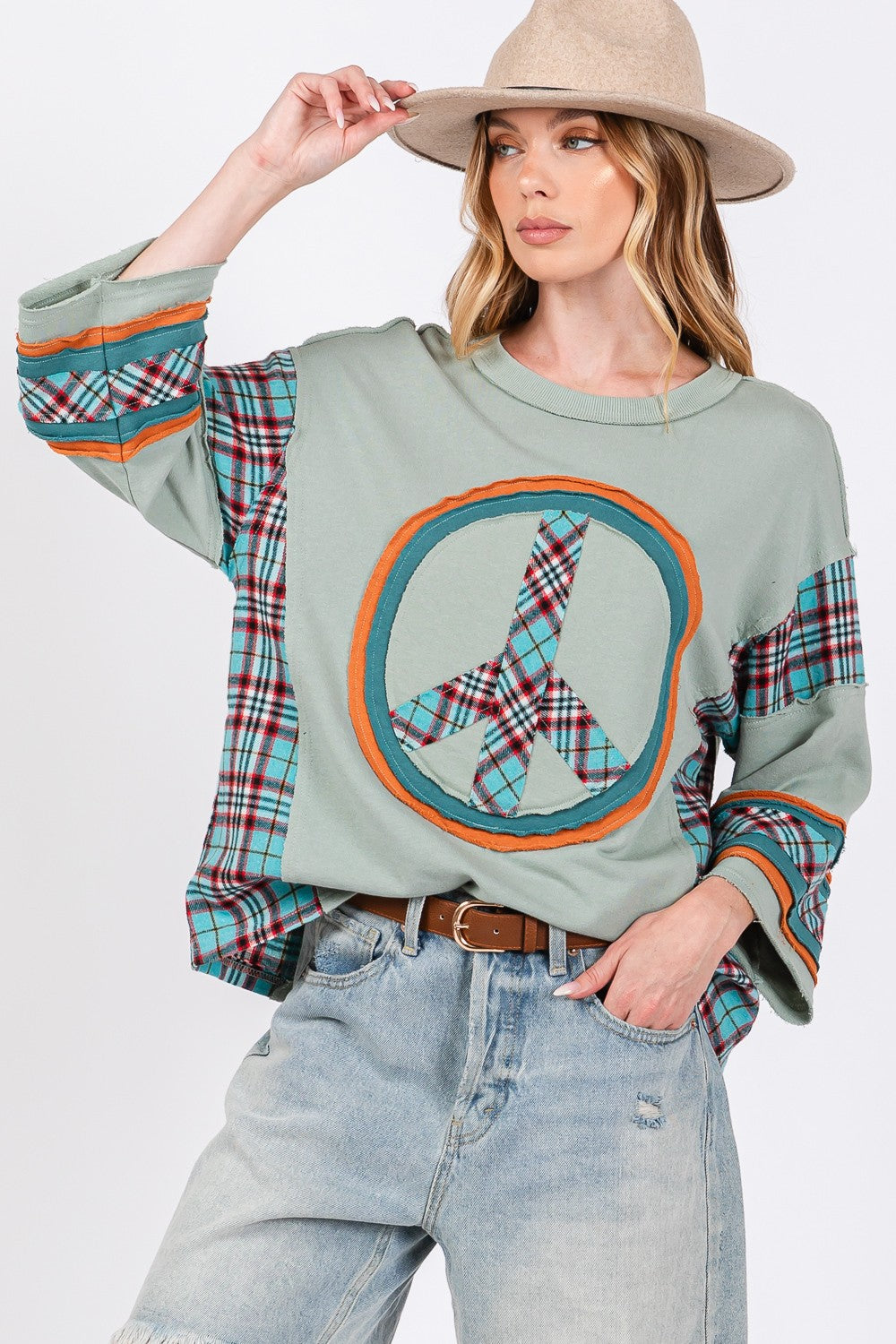 SAGE + FIG Peace Applique Patch Contrast Plaid Top - T - 1 COLOR -