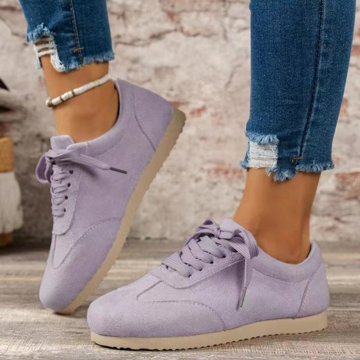 Suede Lace-Up Flat Sneakers - T - 4 COLORS -