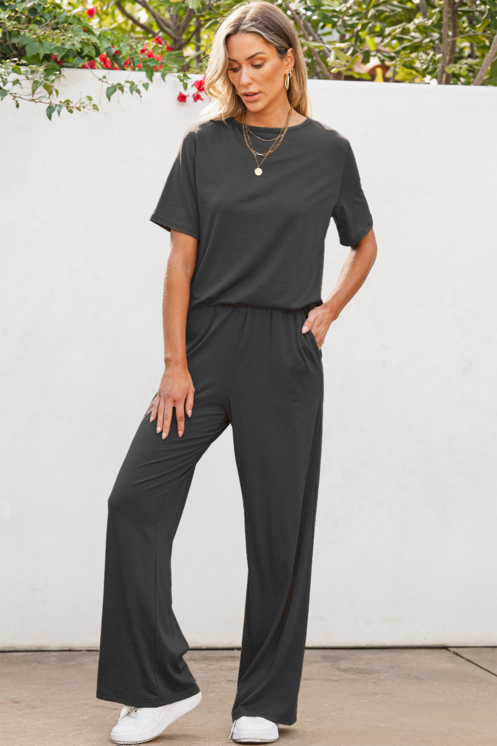 Round Neck Short Sleeve Top and Pants set - 2 PCS. - T - 1 COLOR -