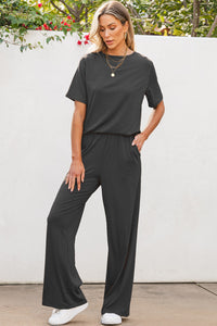 Thumbnail for Round Neck Short Sleeve Top and Pants set - 2 PCS. - T - 1 COLOR -