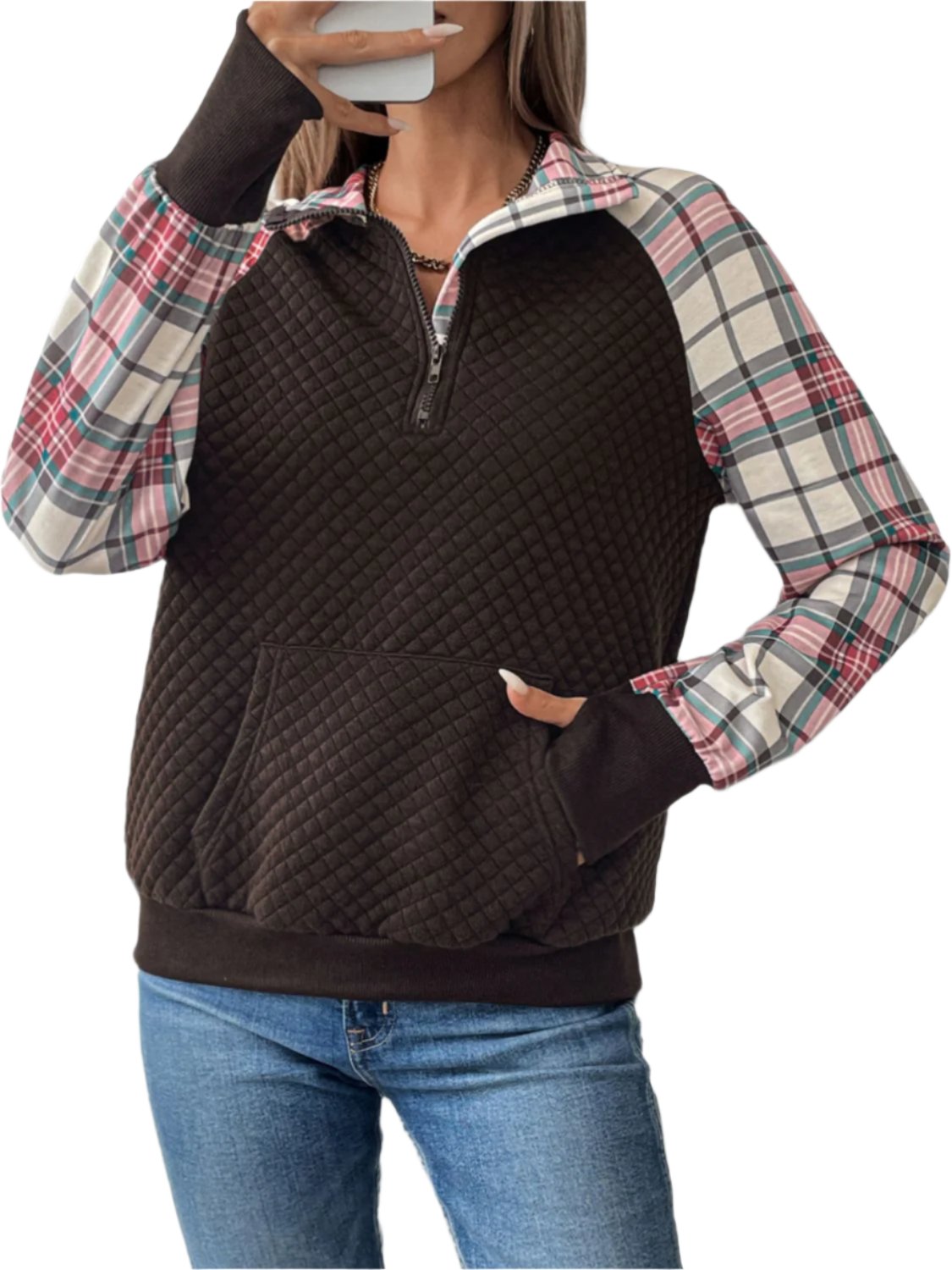 Perfee Plaid Half Zip Long Sleeve Sweatshirt - T - 1 COLOR -