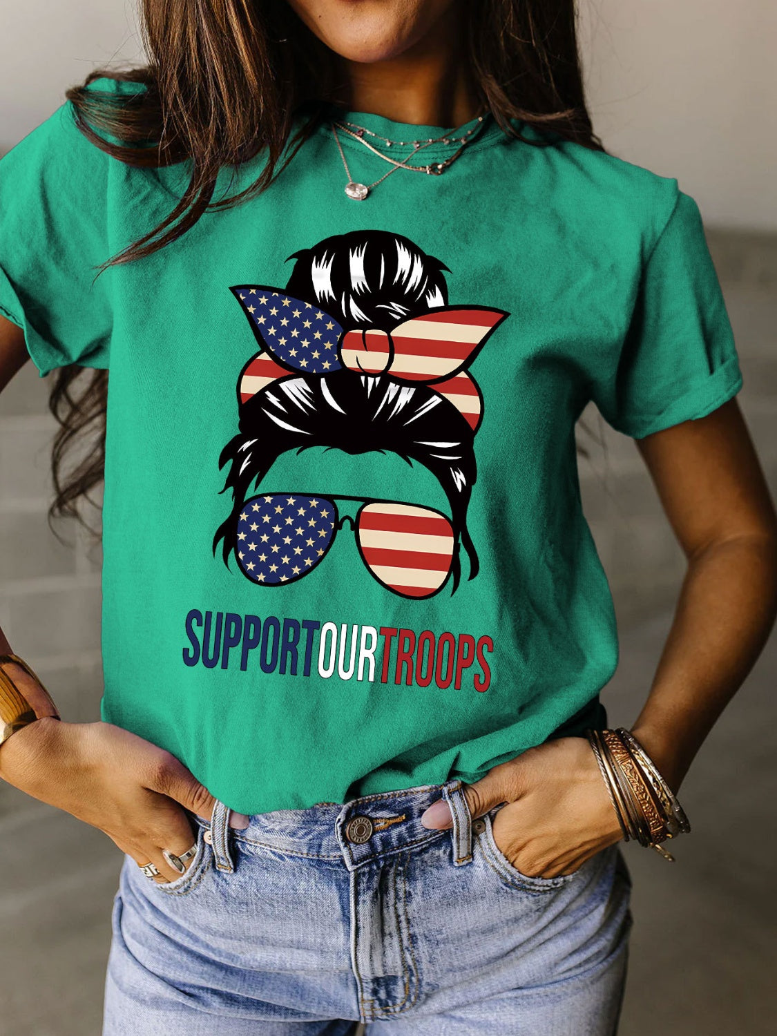 Support Our Troops Full Size Graphic Round Neck Short Sleeve T-Shirt - T - 9 COLORS -