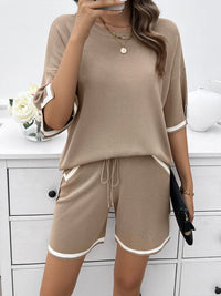 Thumbnail for Contrast Trim Round Neck Top and Shorts Set - 2 PCS. - T - 4 COLORS -