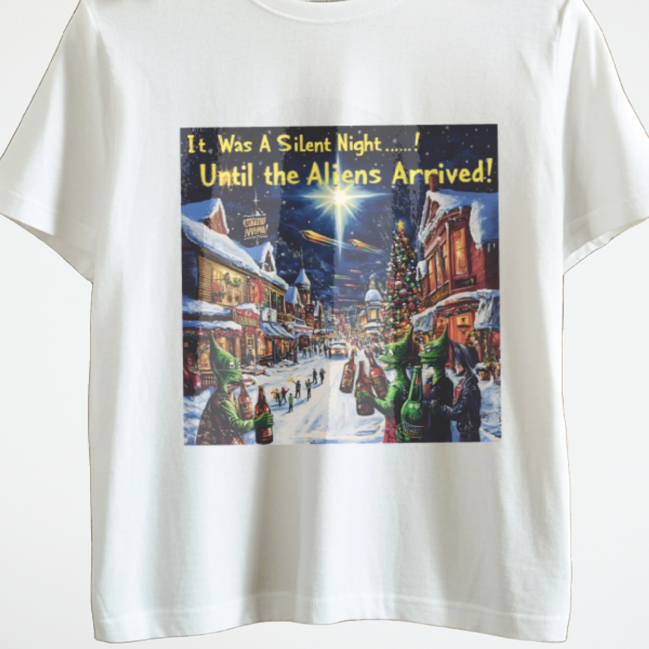 It Was a Silent Night... Until the Aliens Arrived! T-Shirt, Fun Alien Holiday Tee - 2 COLORS -