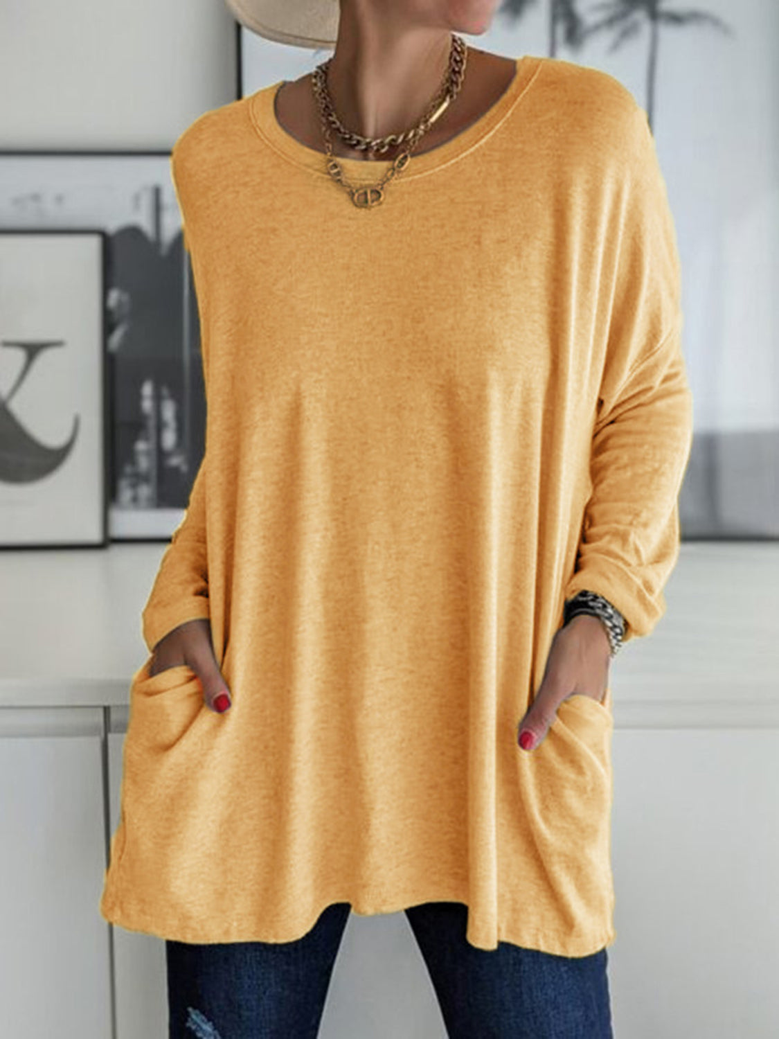 Full Size Round Neck Drapey Long Sleeve T-Shirt - SIZES S THRU 3XL - T - 6 COLORS -