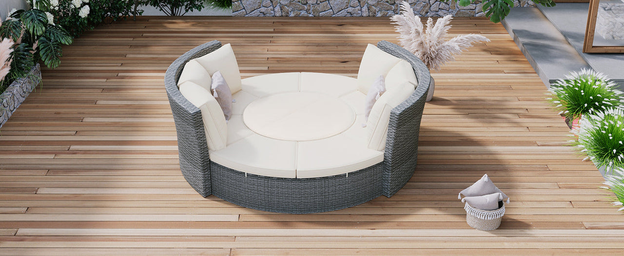 Patio 5-Piece Round Rattan Sectional Sofa Set All-Weather PE Wicker Sunbed Daybed With Round Liftable Table and Washable