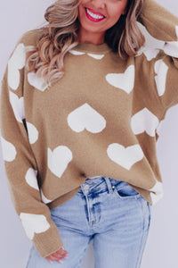 Thumbnail for Heart Round Neck Long Sleeve Sweater - T - 1 COLOR -