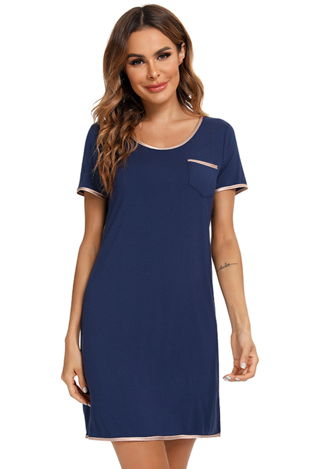 Contrast Trim Pocketed Round Neck Lounge Dress - T - 4 COLORS -