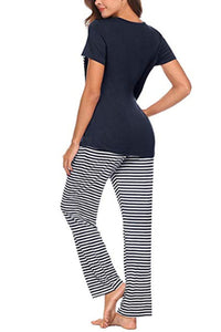 Thumbnail for Pocketed Short Sleeve Top and Striped Pants Lounge set - 2 PCS. - T - 2 COLORS -