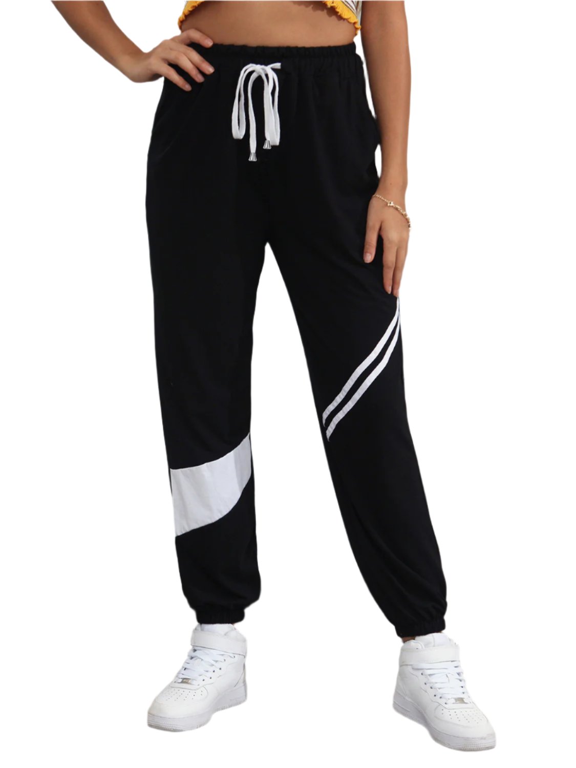 Drawstring Contrast Joggers with Pockets - T - 1 COLOR -