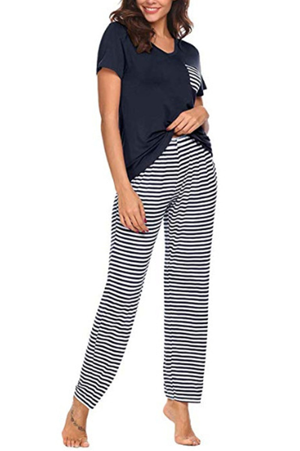 Pocketed Short Sleeve Top and Striped Pants Lounge set - 2 PCS. - T - 2 COLORS -