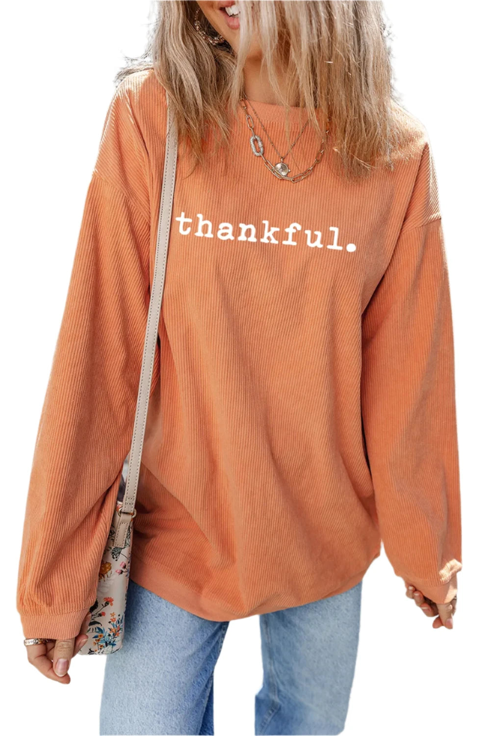 THANKFUL Round Neck Long Sleeve Sweatshirt - T - 1 COLOR -