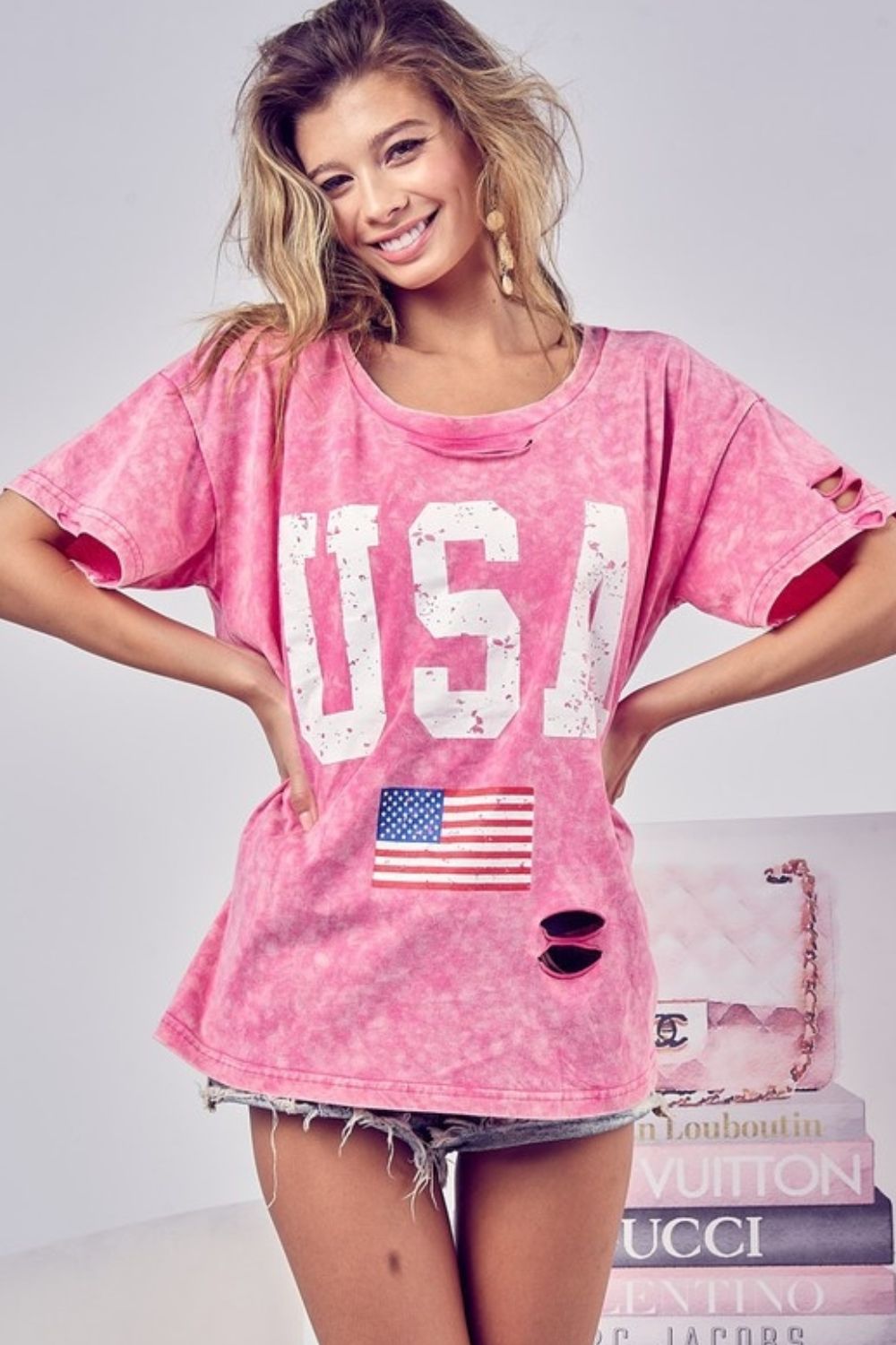 BiBi Washed American Flag Graphic Distressed T-Shirt - T - 1 COLOR -