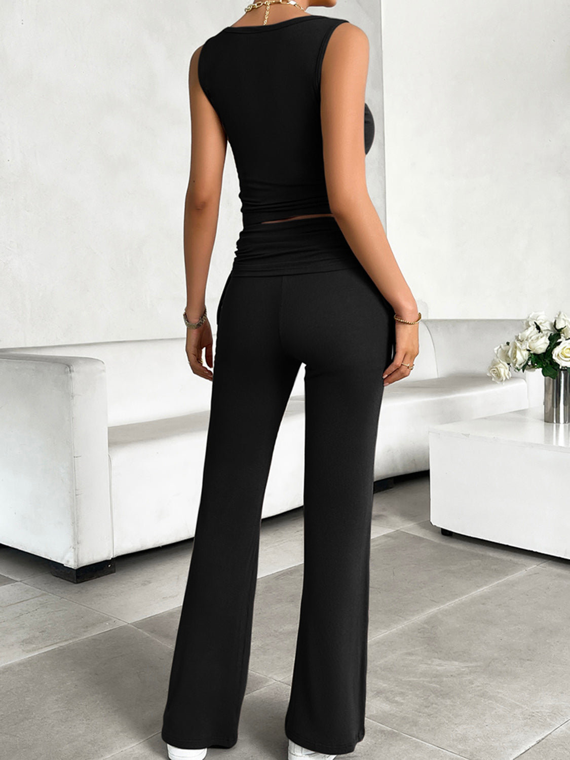 Ribbed Round Neck Tank and Pants Set - 2 PCS. - T - 4 COLORS -