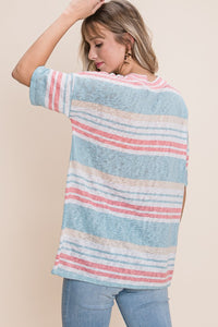 Thumbnail for BOMBOM V-Neck Striped Knit Top - T - 1 COLOR -