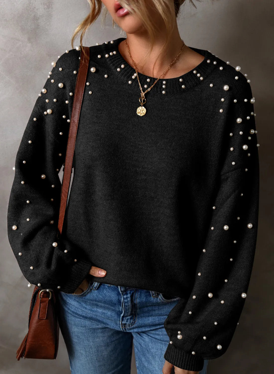 Pearl Detail Round Neck Long Sleeve Sweater - T - 4 COLORS -