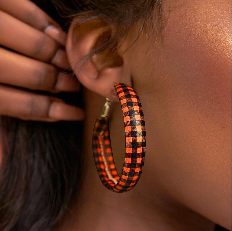 Plaid Faux Leather Hoop Earrings - T - 5 COLORS -