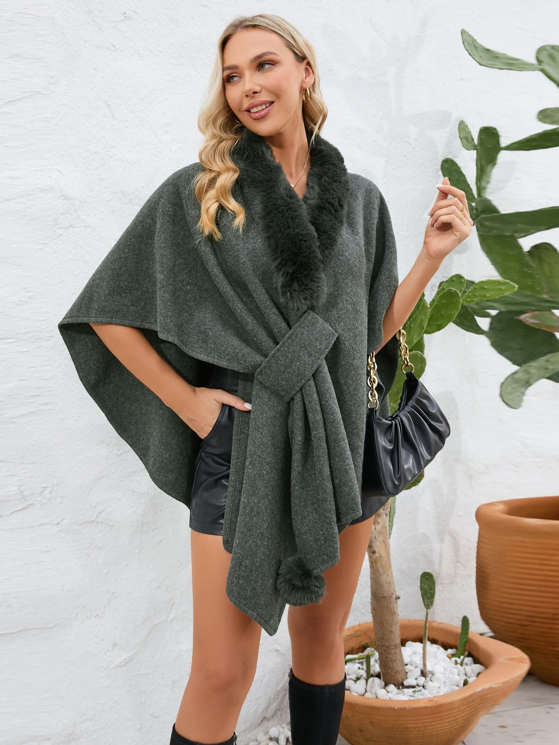 Fuzzy Trim Open Front Poncho - ONE SIZE - T - 6 COLORS -