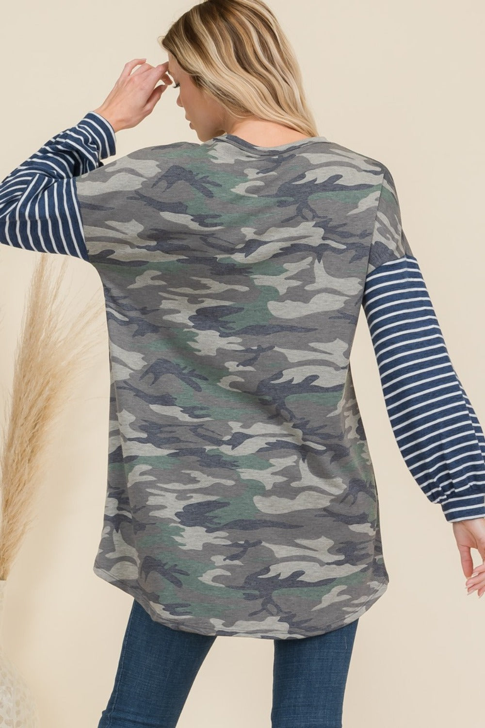 Celeste Full Size Camo Print High-Low T-Shirt with Stripe Sleeves - T - 1 COLOR -