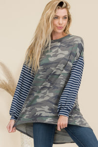 Thumbnail for Celeste Full Size Camo Print High-Low T-Shirt with Stripe Sleeves - T - 1 COLOR -