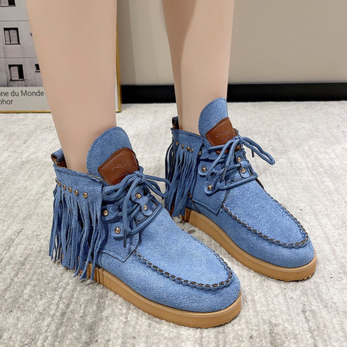 Fringe Studded Round Toe Canvas Boots - T - 3 COLORS -