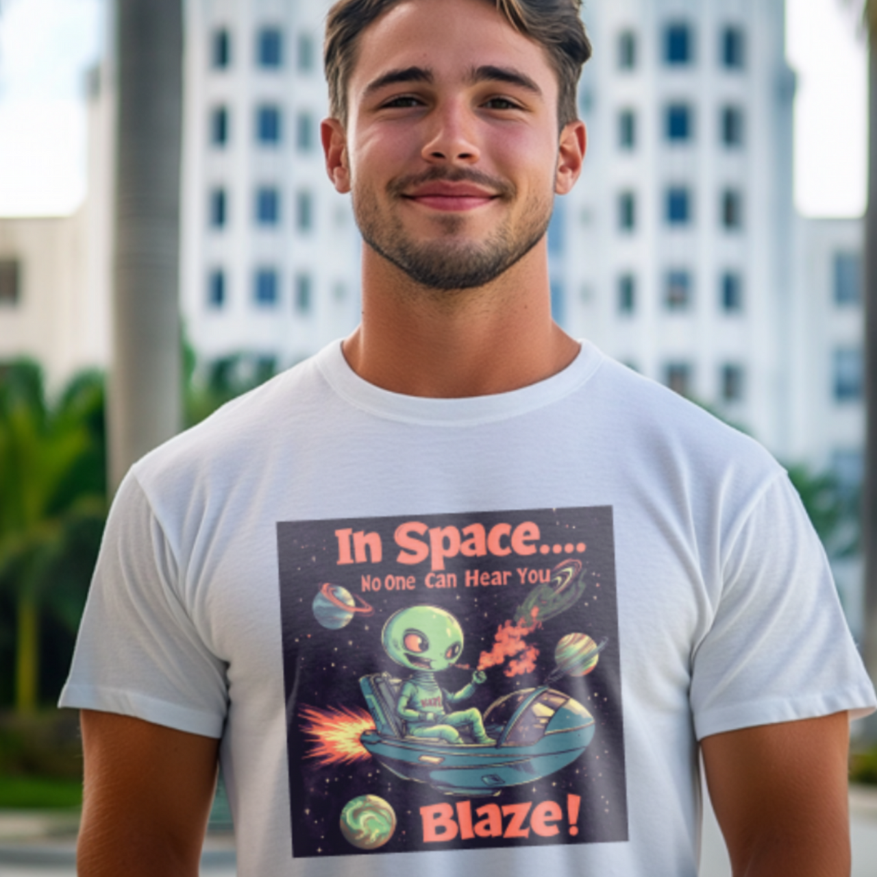 "In Space No One Can Hear You Blaze", Funny Alien Tee - 5 COLORS -