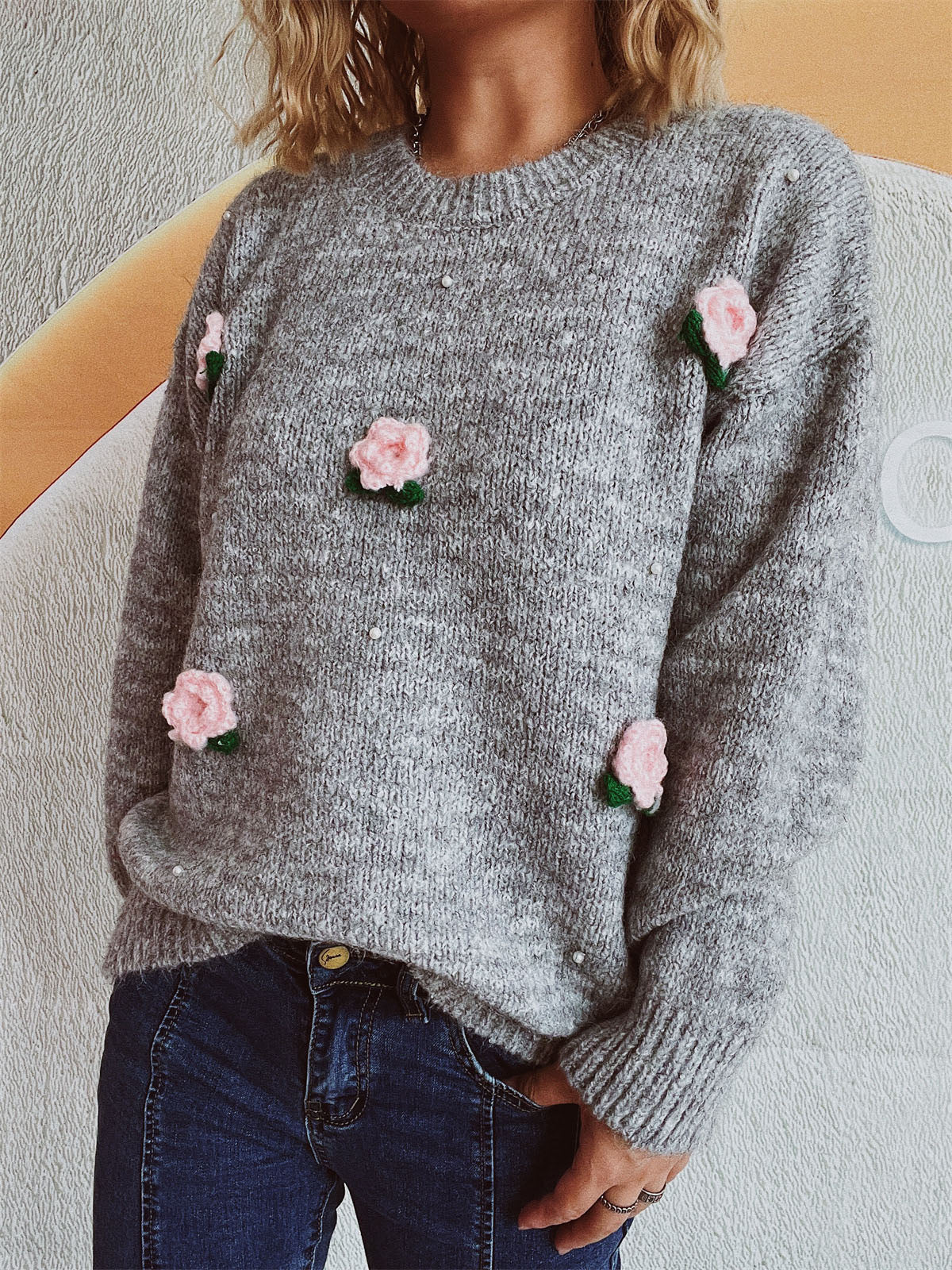 Flower Round Neck Long Sleeve Sweater - 1 OVERSIZE - T - 2 COLORS -