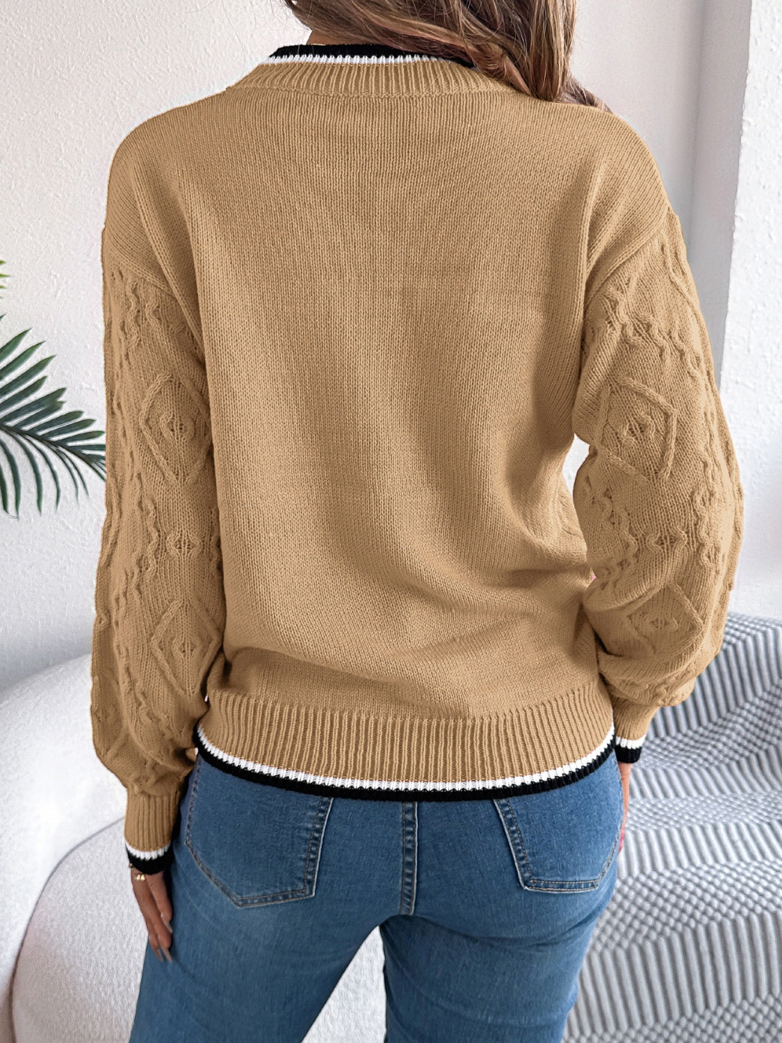 Contrast Trim Round Neck Long Sleeve Sweater - T - 3 COLORS -