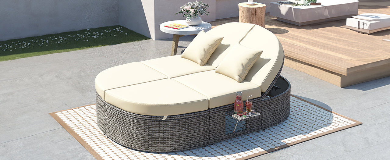 Outdoor Sun Bed Patio 2-Person Daybed With Cushions and Pillows, Rattan Garden Reclining Chaise Lounge With Adjustable B