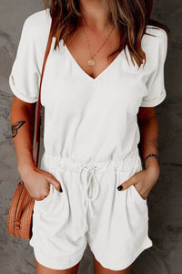 Thumbnail for Full Size Drawstring V-Neck Short Sleeve Romper - T - 7 COLORS -