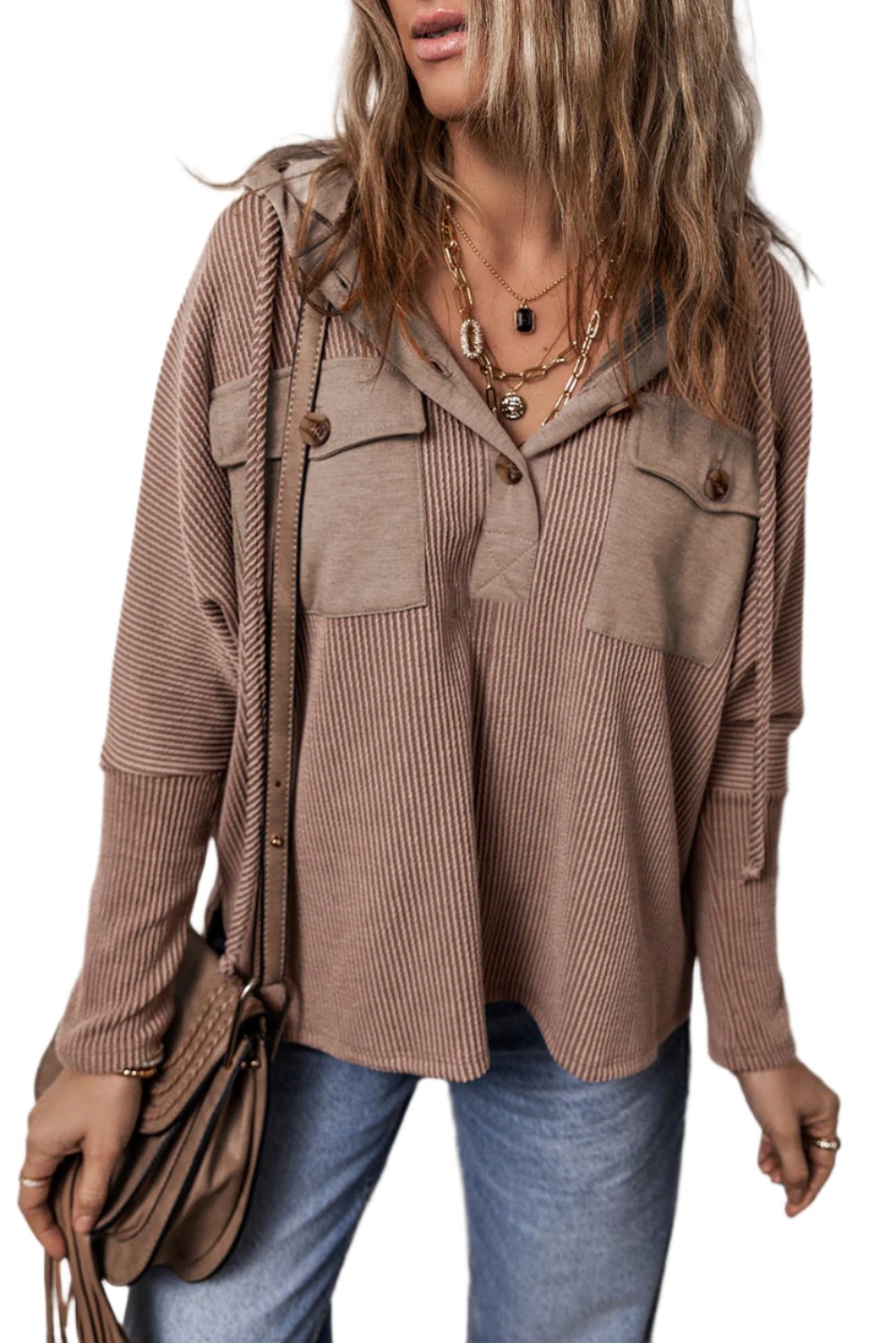 Pocketed Half Button Long Sleeve Hoodie - T - 1 COLOR -