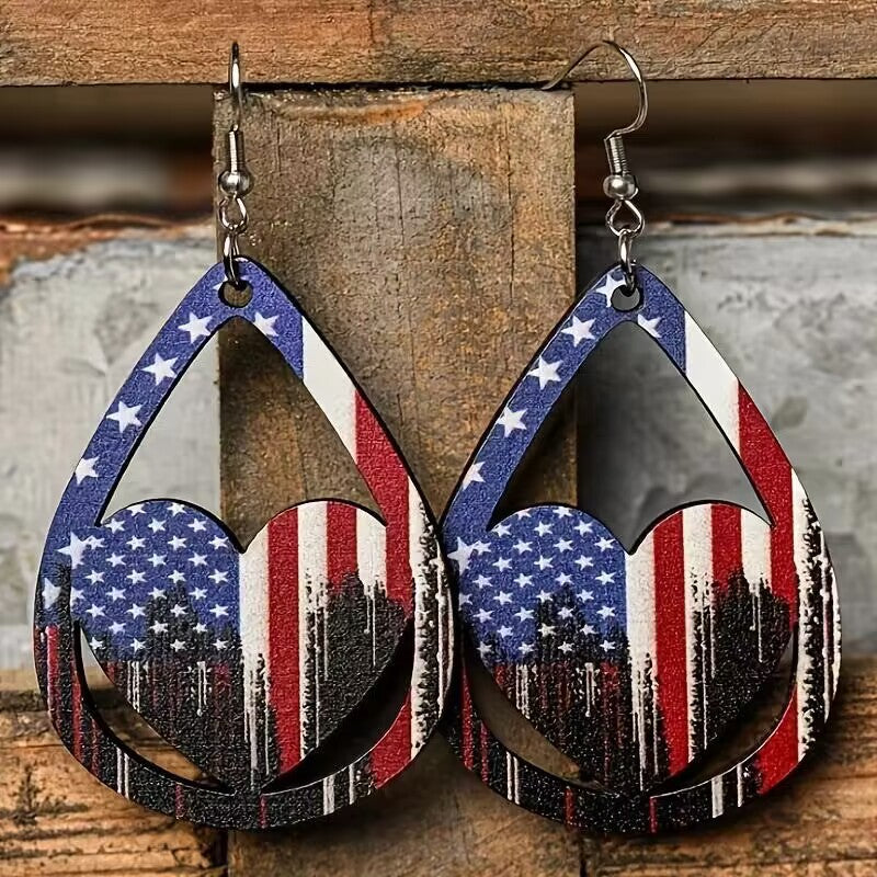 US Flag Pattern Wooden Earrings - T -