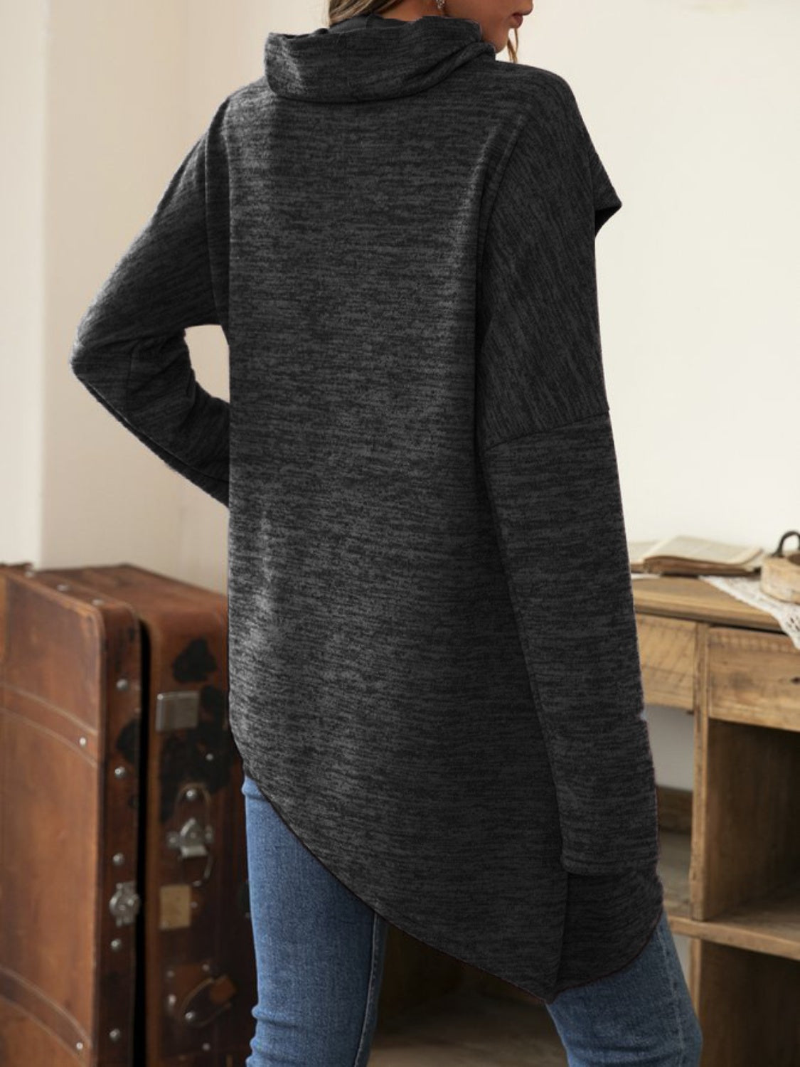 Asymmetrical Hem Cowl Neck Long Sleeve T-Shirt - T - 5 COLORS -