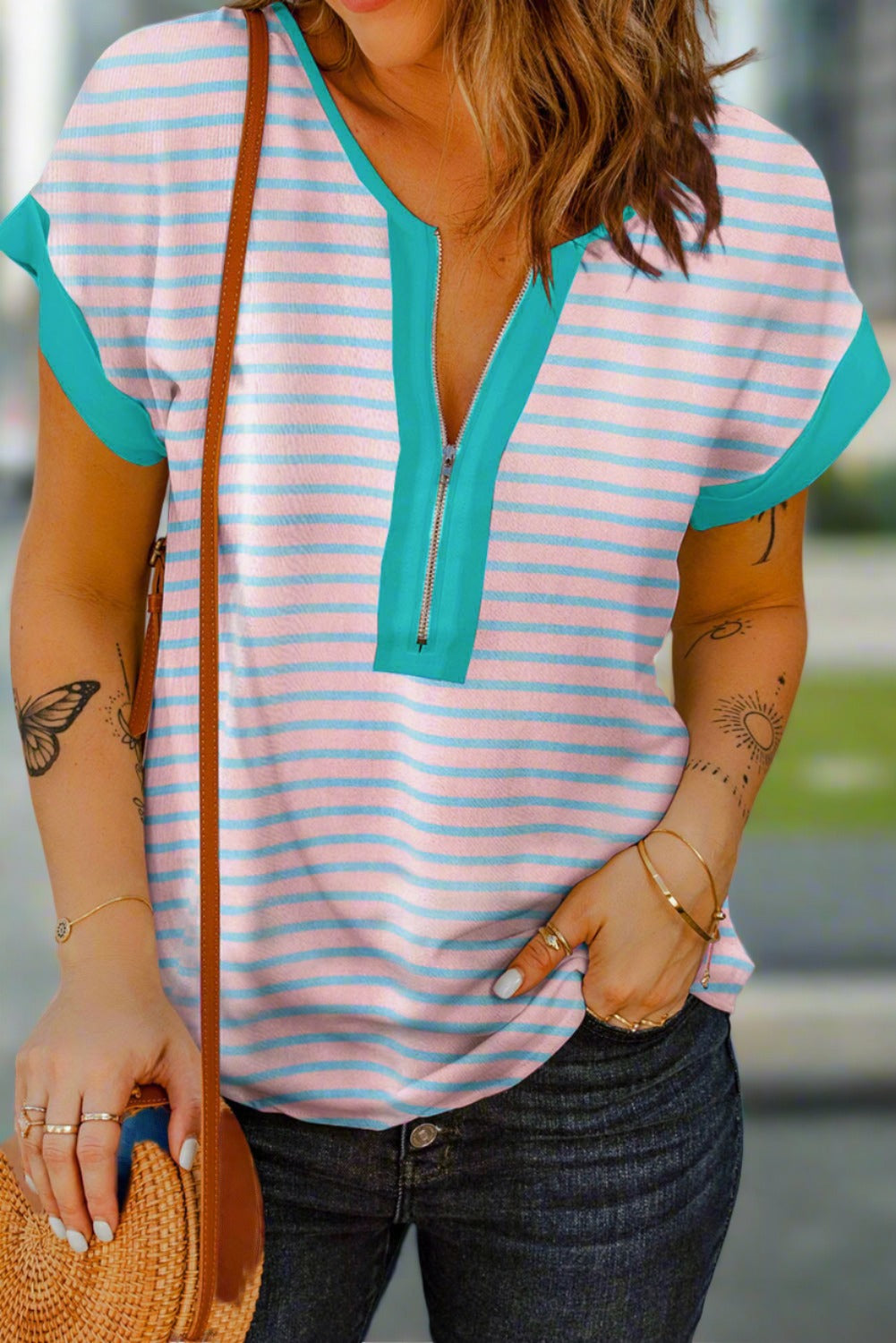 Striped Notched Short Sleeve T-Shirt - T - 1 COLOR -