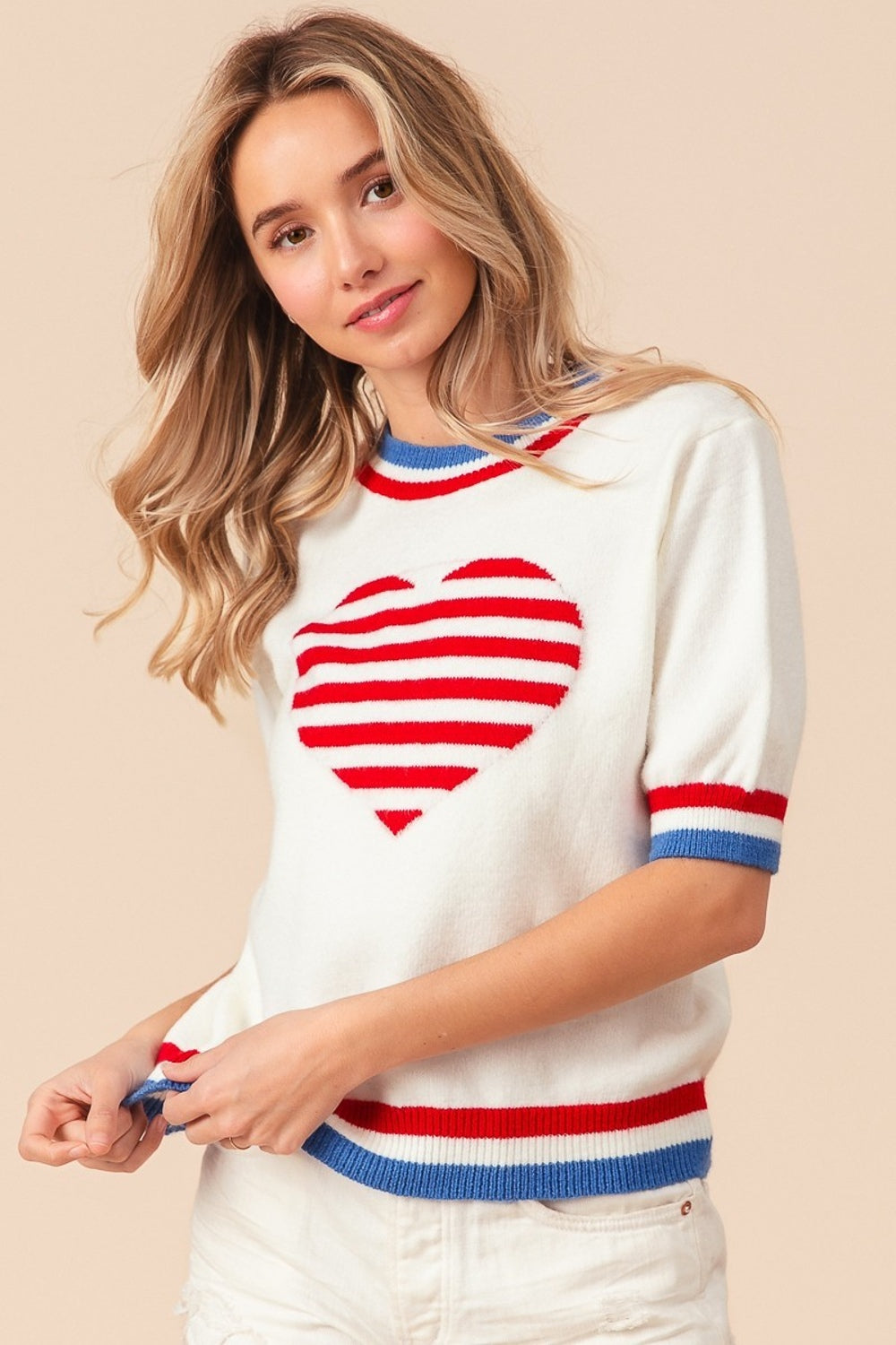 BiBi US Flag Theme Striped Heart Sweater - T - 1 COLOR -