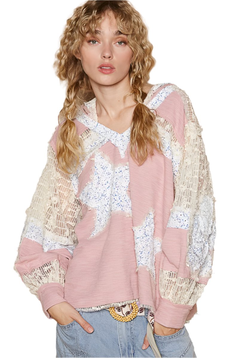 POL Star Patch Lace Long Sleeve Hooded Top - T - 1 COLOR -