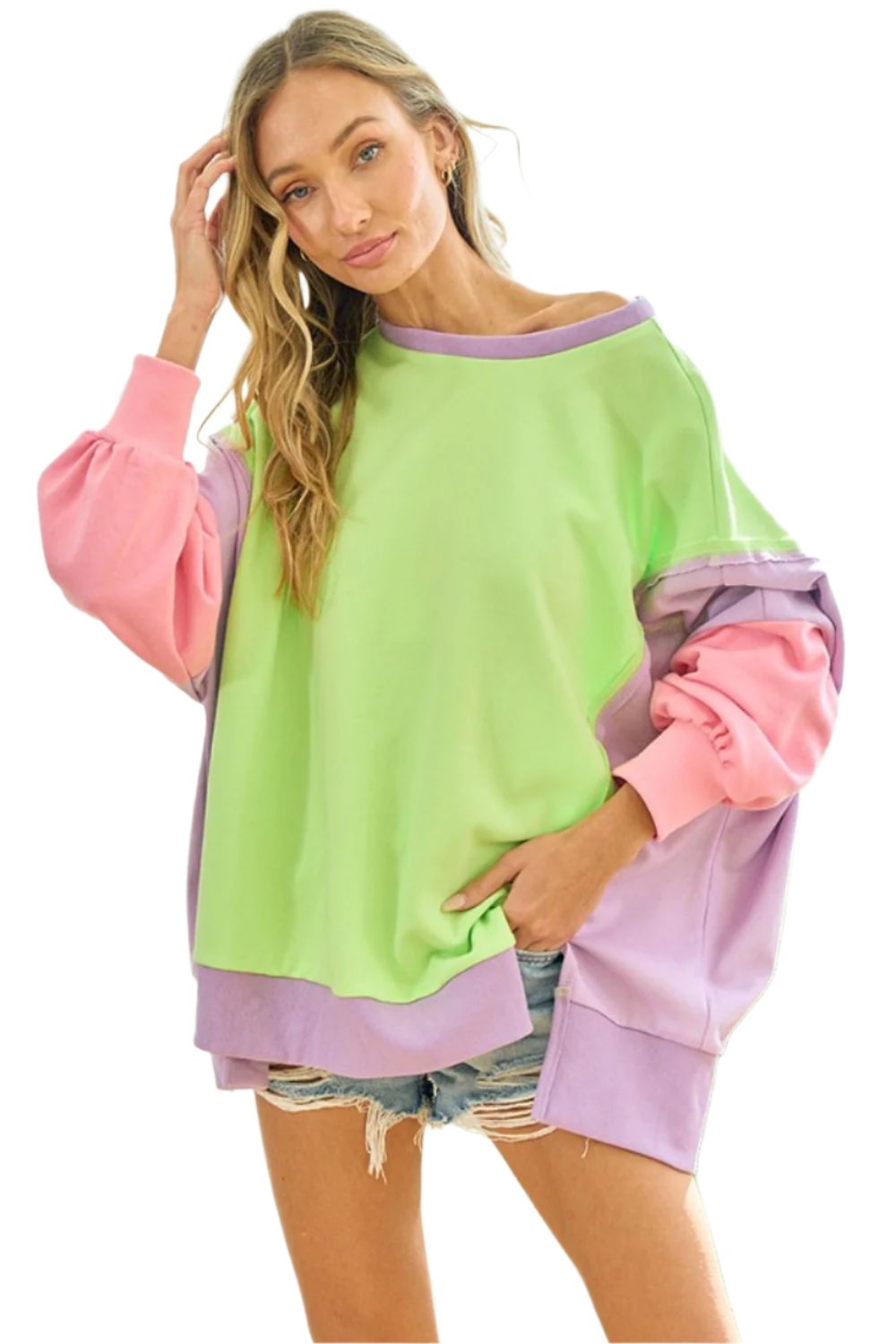 First Love Color Block Long Sleeve Slit Sweatshirt - T - 1 COLOR -