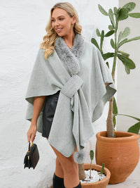 Thumbnail for Fuzzy Trim Open Front Poncho - ONE SIZE - T - 6 COLORS -