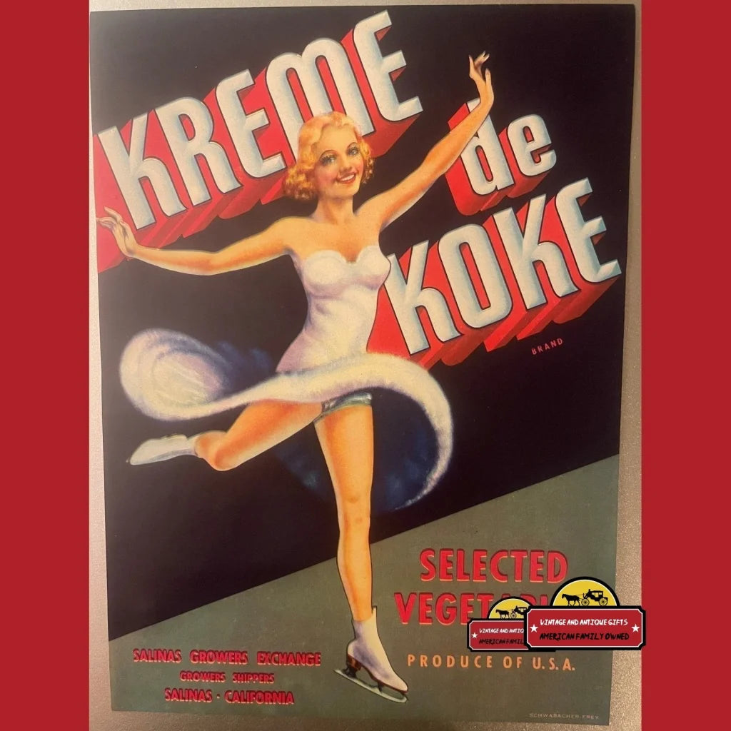 Antique Vintage Kreme De Koke Vegetable Label, Salinas, Ca 1930s, Ice Skater